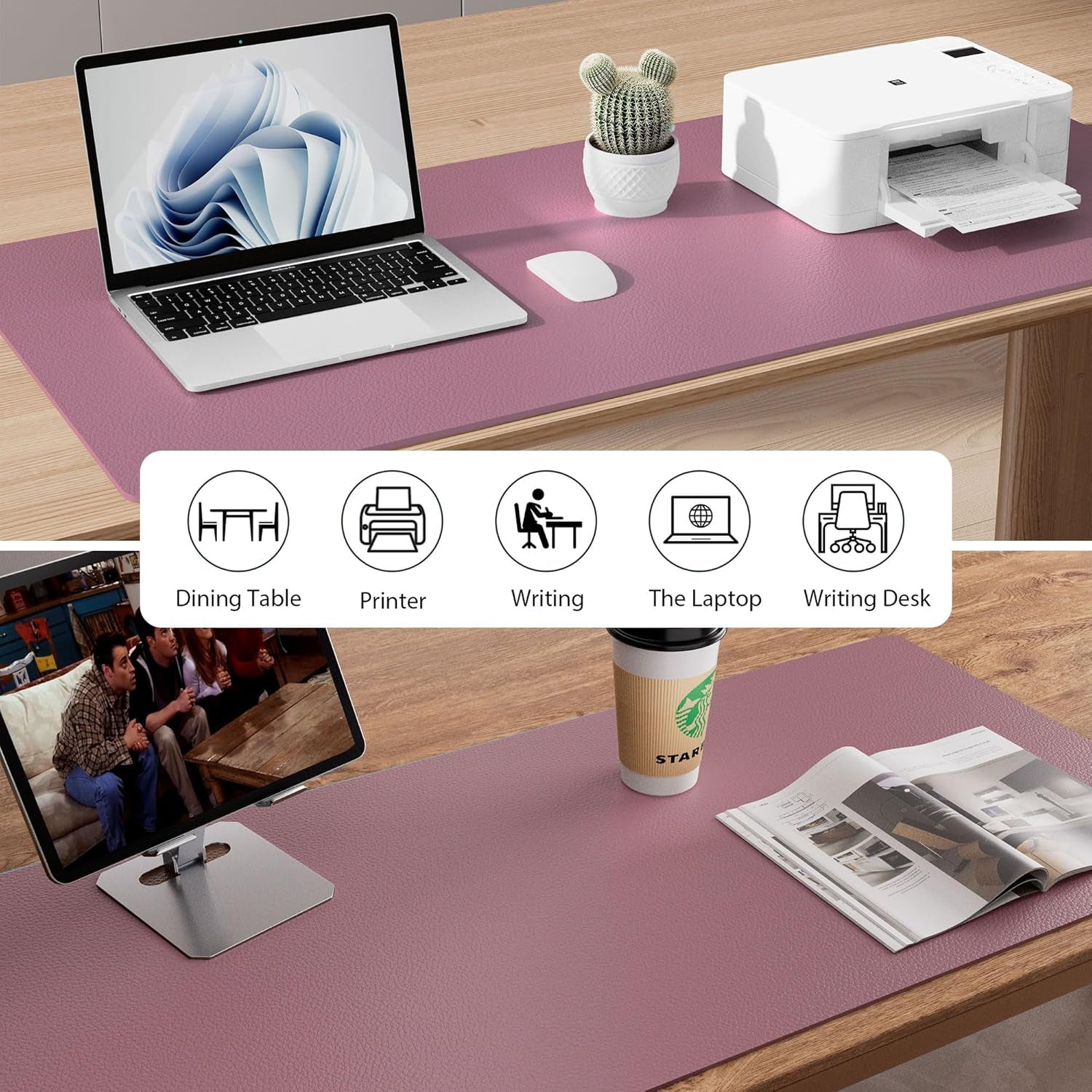 Leather Desk Pad Protector, Mouse Pad, Office Desk Mat,Non-Slip PU Leather Desk Blotter, Laptop Desk Pad, Waterproof Desk Writing Pad for Office and Home (Dark Pink, 23.6" X 13.7")