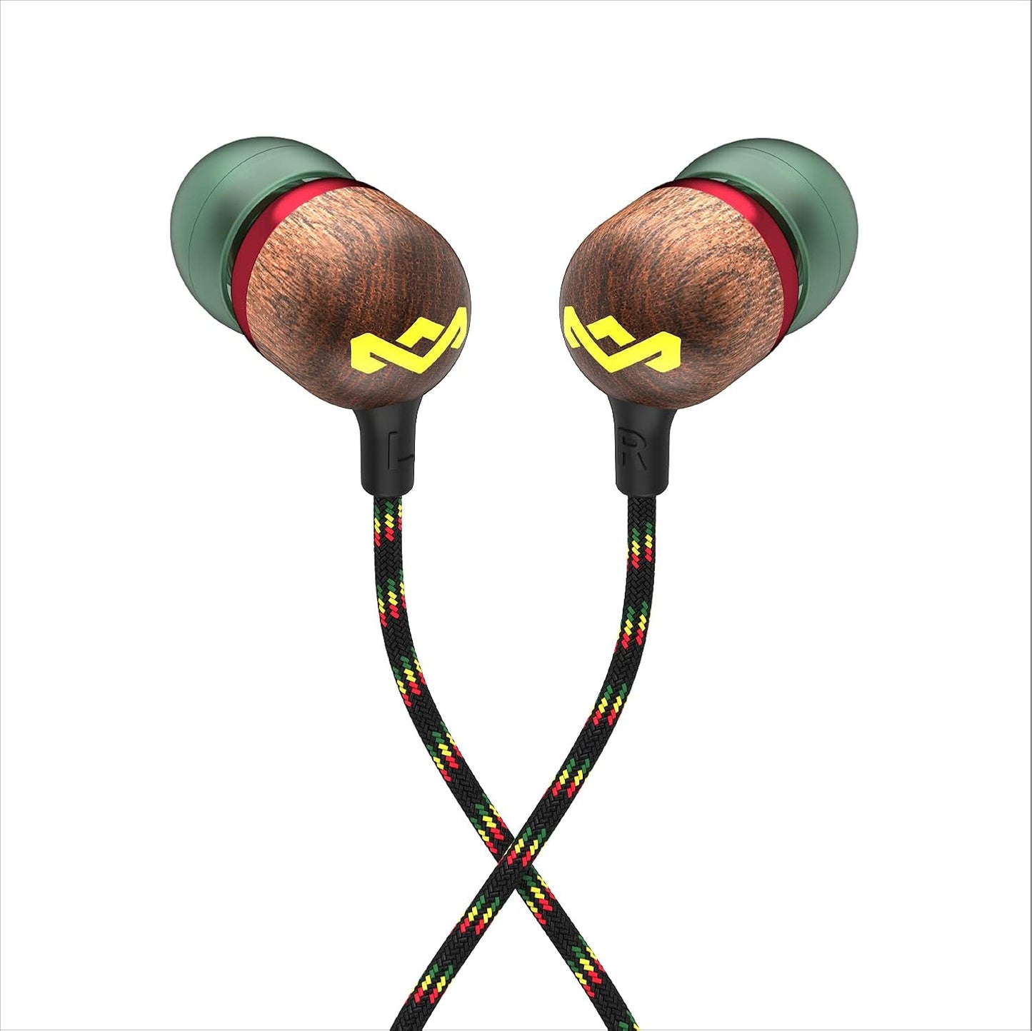 House of  Smile Jamaica AUX Wired Earbuds with Microphone, Noise-Isolating In-Ear Headphones, Tangle-Resistant Cable, 3.5Mm Jack Sustainable (Rasta)