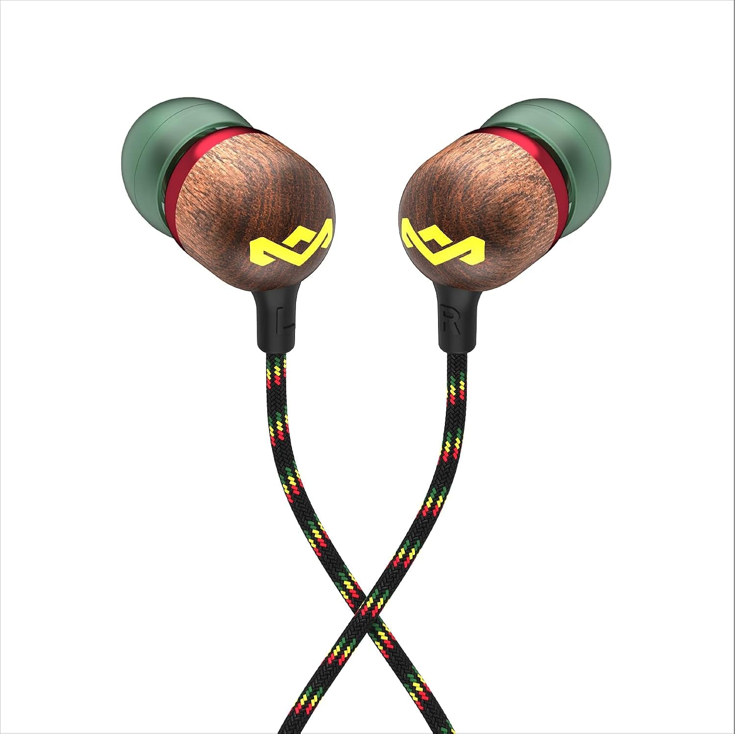 House of  Smile Jamaica AUX Wired Earbuds with Microphone, Noise-Isolating In-Ear Headphones, Tangle-Resistant Cable, 3.5Mm Jack Sustainable (Rasta)