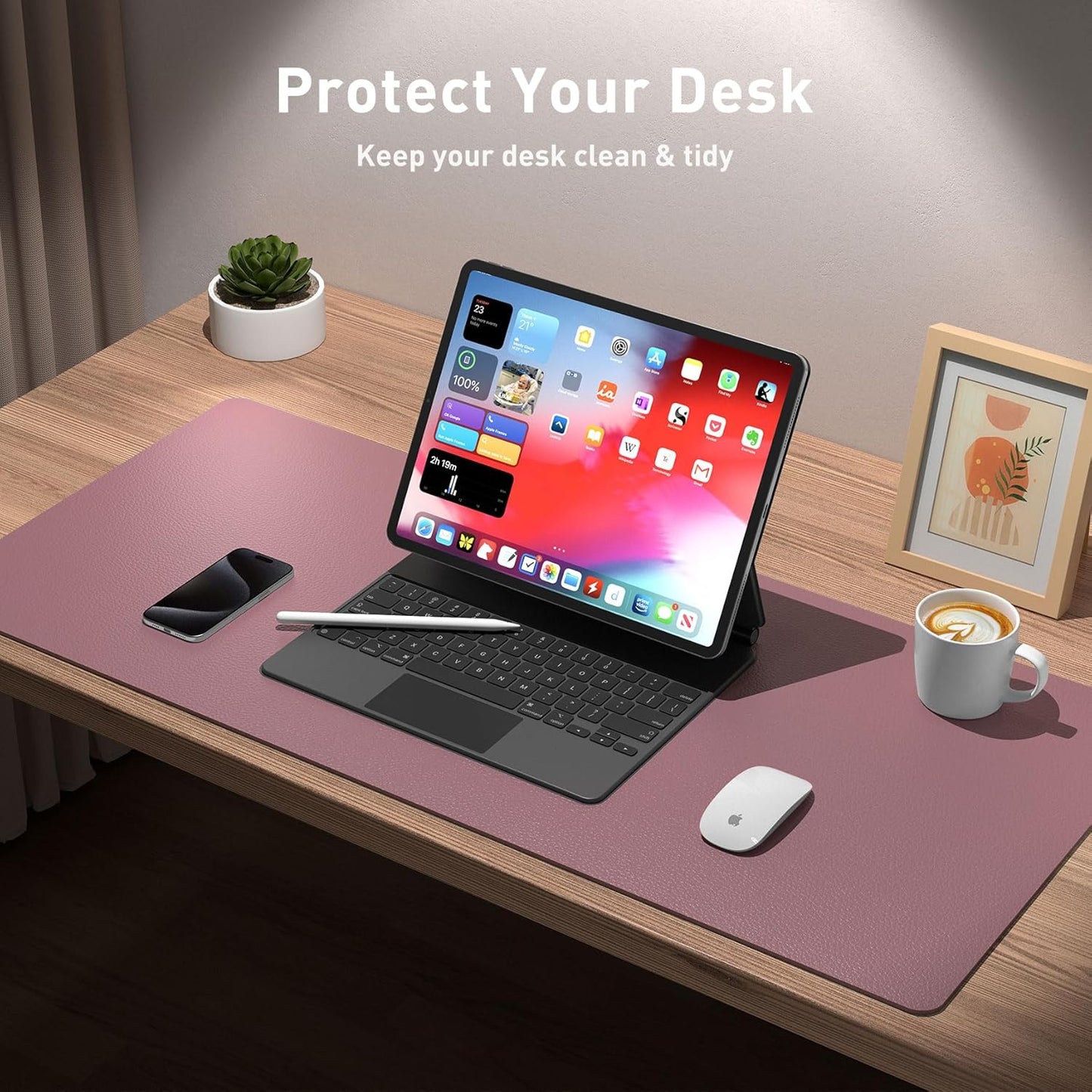 Leather Desk Pad Protector, Mouse Pad, Office Desk Mat,Non-Slip PU Leather Desk Blotter, Laptop Desk Pad, Waterproof Desk Writing Pad for Office and Home (Dark Pink, 23.6" X 13.7")